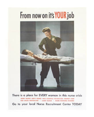 Color poster with a female nurse in a green military uniform smiling down at a man lying on a s…