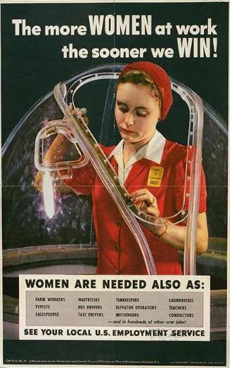 Vertical color propaganda poster with image of a woman in a red unform building a cockpit windo…