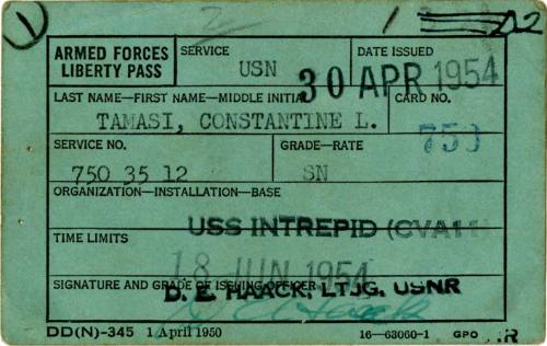 Green paper liberty pass with typed information in boxes and stamped portions over top
