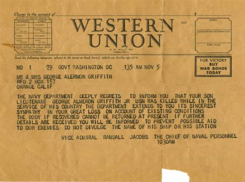 Printed Western Union telegram to Mr. & Mrs. George Alermon Griffith informing them of the deat…
