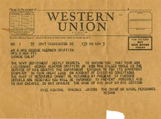 Printed Western Union telegram to Mr. & Mrs. George Alermon Griffith informing them of the deat…