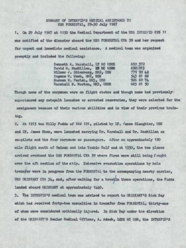 First page of memo detailing the assistance rendered by Intrepid's medical staff to the USS For…