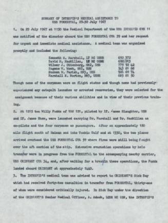 First page of memo detailing the assistance rendered by Intrepid's medical staff to the USS For…