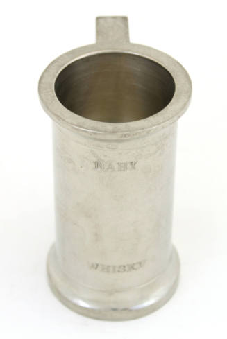 Tall silver souvenir cup with flared top and bottom rims, the words "Baby" and "Whisky" imprint…