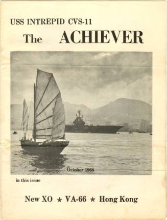 Cover of USS Intrepid newspaper, The Achiever, with black and white image in center of junk boa…