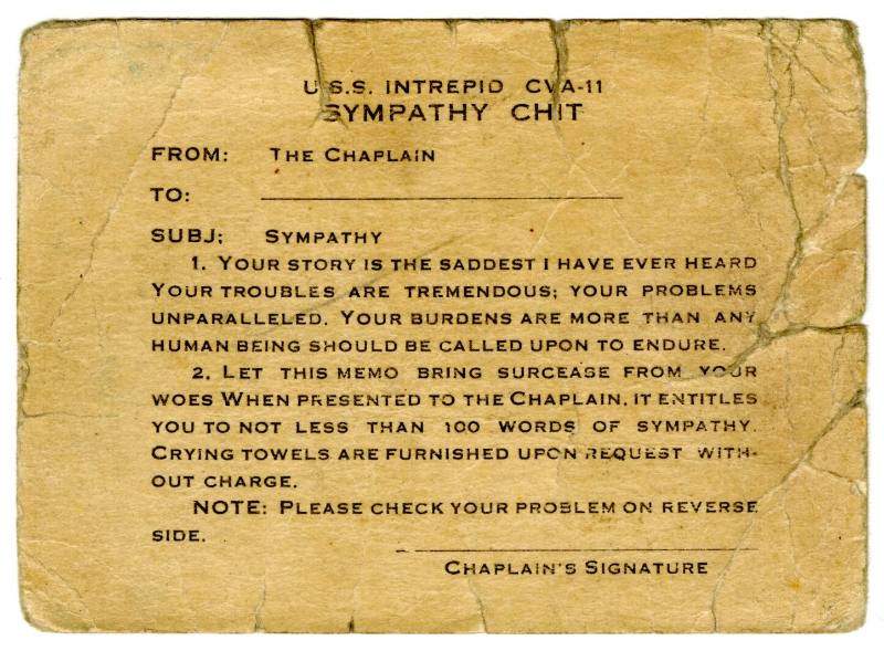 Horizontal side of humorous paper sympathy card from chaplain to sailor in the style of a memo