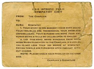 Horizontal side of humorous paper sympathy card from chaplain to sailor in the style of a memo