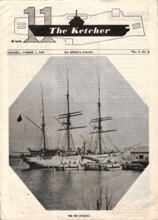 Cover of USS Intrepid newspape, The Ketcher, octagon in the center with black and white image o…