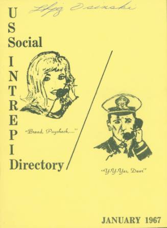 Cover of yellow USS Intrepid social telephone directory with illustration of a woman speaking i…