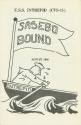 Port of call booklet with cartoon drawing of sailor rowing a boat that has a large flag with th…