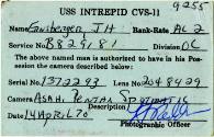 Printed camera pass card for U.S.S. Intrepid CVS-11 on green paper