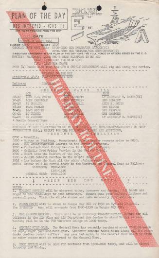 Daily schedule document with cartoon image of USS Intrepid at top and red banner across page th…