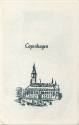 Printed port of call booklet for Copenhagen with a drawing of a building with a steeple on the …
