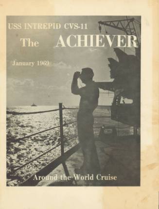 Cover of The Achiever newspaper depicting a man standing near the railing of a ship, holding bi…