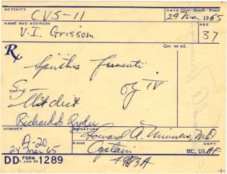 Handwritten prescription written by Richard Ryder to V.I. Grissom for 4 ounces of spiritus frum…