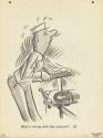 Printed black and white U.S. Navy safety poster of a cartoon sailor filing a clamped piece of m…