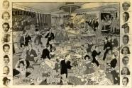 Printed black and white postcard of a drawing of a nightclub scene titled "Chez Paree" with pho…