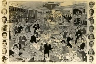 Printed black and white postcard of a drawing of a nightclub scene titled "Chez Paree" with pho…