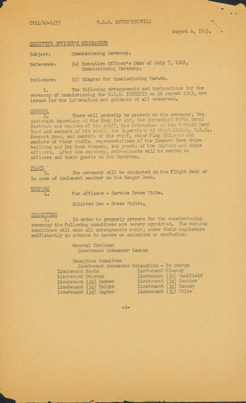 Printed memorandum "Commissioning ceremony" dated August 6, 1943