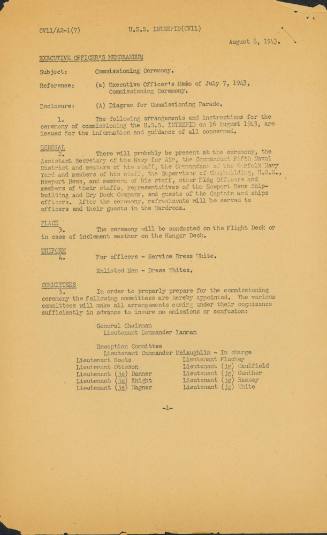 Printed memorandum "Commissioning ceremony" dated August 6, 1943