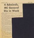 Printed newspaper clipping titled "4 Admirals, MC General Die in Week" dated October 4, 1972