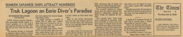 Printed newspaper clipping titled "Truk Lagoon an Eerie Diver's Paradise" 