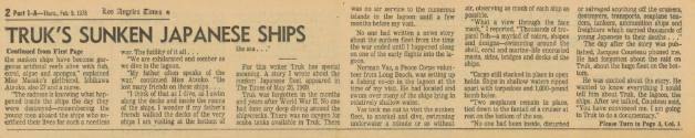 Printed newspaper clipping titled "Truk's Sunken Japanese Ships" dated February 9, 1978