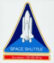 Drawing of the space shuttle orbiter that reads "Space Shuttle // Grumman/OV-101 Wing"