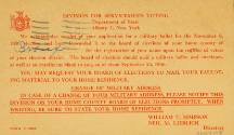 Tan postcard with red printed letters from the Division for Servicemen's Voting