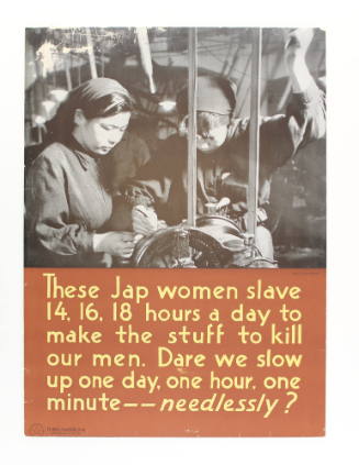 Poster with black and white image of Japanese women working on top half and yellow text on brow…