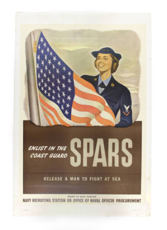 Color poster with image of woman in the U.S. Coast Guard SPARS hoisting a U.S. flag