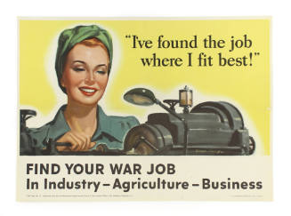 Horizontal color propaganda poster with an image of a woman working at a machine and the words …