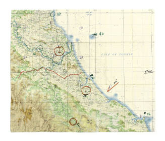 Color topographical map of an area in North Vietnam with colored markings and annotations