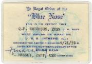 Laminated membership card for “Ye Royal Order of the Blue Nose,” with a light blue drawing of a…