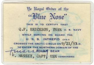 Laminated membership card for “Ye Royal Order of the Blue Nose,” with a light blue drawing of a…