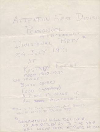 Handwritten flyer for division party advertising food, drink and transportation 