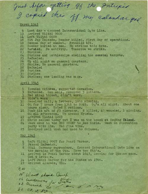 Green document with typed and handwritten notes listing major events on board USS Intrepid from…