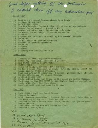 Green document with typed and handwritten notes listing major events on board USS Intrepid from…