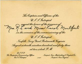 Card with printed script text, invitation to Mrs. R. L and Miss Carol Montfort to the commissio…