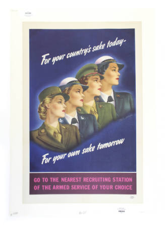 Vertical color World War II propaganda poster with image of four women in U.S. military service…
