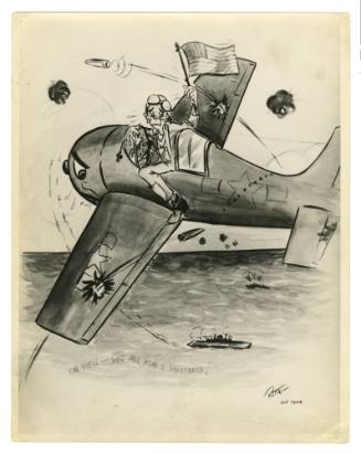 Black and white cartoon of an airplane that has been shot in both wings, and its pilot is wavin…