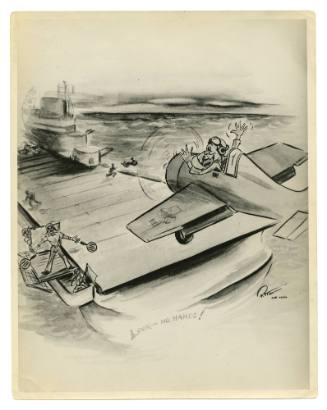Black and white cartoon of an airplane landing on an aircraft carrier while the pilot flails hi…