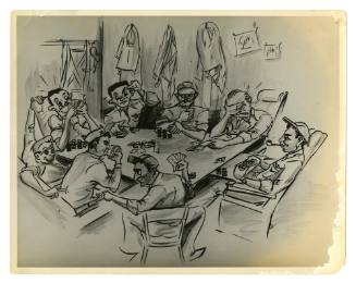 Black and white cartoon of eight men sitting around a table playing poker