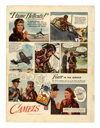 Color advertisement in the style of a comic strip depicting a woman pilot flying and talking to…
