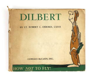 Hardcover tan book titled "Dilbert" by Lt. Robert C. Osborn with a cartoon of a pilot 