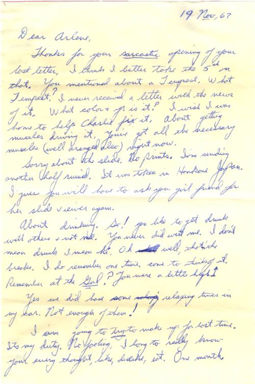First page of a handwritten letter address to Arlene and dated 19 November 1967