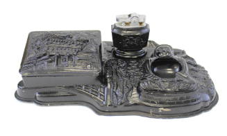 Black metal souvenir ashtray with built in cigarette case and lighter; Japanese imagery in reli…