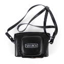 Manual camera inside a black carrying case that is closed with attached neck strap; brand name …