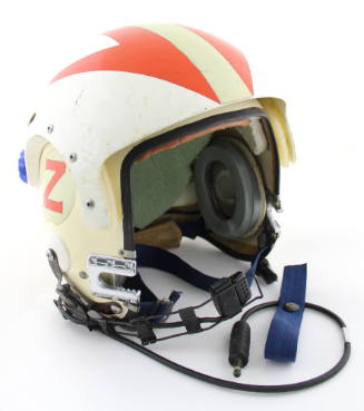 Aviator's helmet with attached microphone and communication wire, orange and white reflective t…