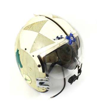 Aviator's helmet with attached microphone and communication wire, white and off-white reflectiv…
